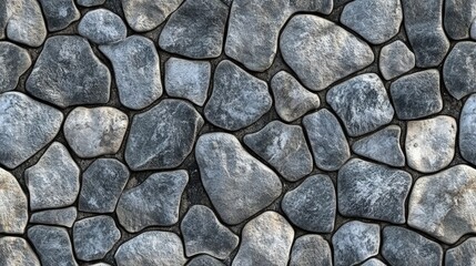 Fototapeta premium Close-up image of an irregular stone wall with variously shaped gray stones fitted tightly together.
