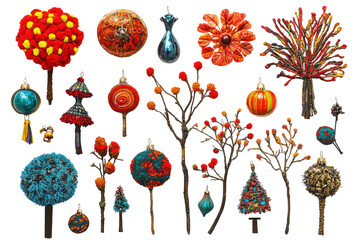 Christmas Ornament Collection: A vibrant collection of unique and handcrafted Christmas ornaments, including miniature trees, decorative balls, and whimsical branches. ,on transparent background.