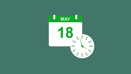 May month 18 date calendar icon clock lime green color animation 4k video. 