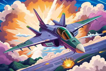 air combat illustration featuring a fighter jet mid-flight and a dramatic explosion cartoon vector ideal for aerial war game assets, posters, and military-themed visual content.