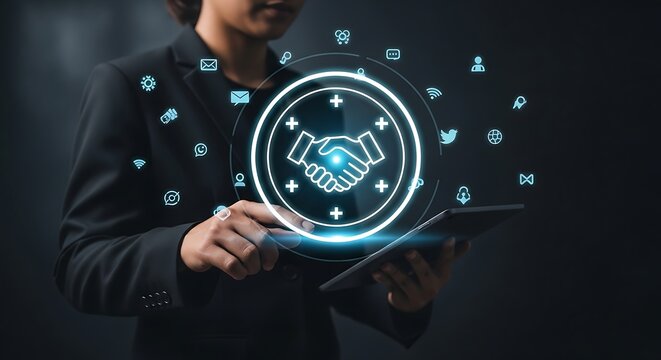 Sleek woman in dark blazer taps a glowing handshake hologram on tablet amidst floating tech icons future business deal