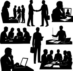 Business Interaction Silhouettes Vector – Professional Figures Collaborating in Office Settings Featuring Meetings, Presentations, Laptop Work, and Handshakes for Strategy, Communication & Success Sce