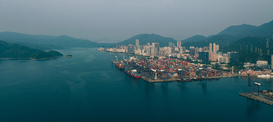 Naklejka premium Aerial view of ship sailing to Yantian international container terminal in Shenzhen city, China