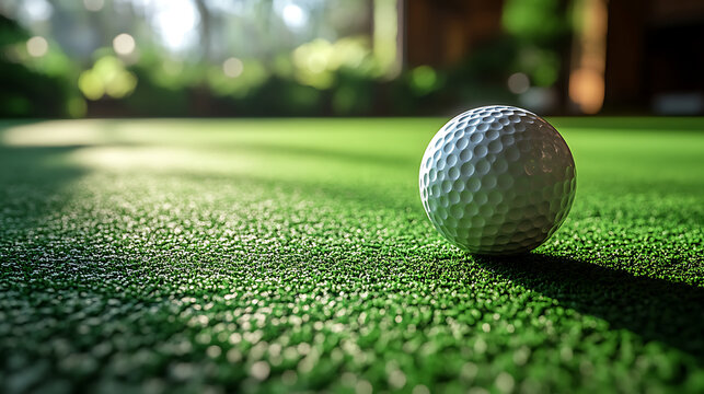 A close-up view of a golf ball resting on a vibrant green putting green in a serene setting