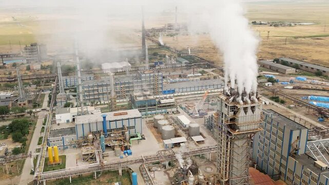 Aerial view of Rustavi Azot factory complex in Georgia showing production buildings, storage tanks, tall chimneys emitting smoke, and extensive industrial infrastructure