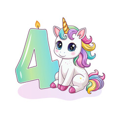 An invitation to a birthday party. Cute unicorn with the number 4. Vector illustration.