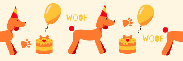 Seamless festive pattern of cute dogs in colorful hats. A puppy party.  Vector illustration