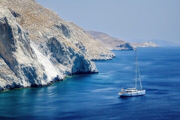 Sailing near the stunning coast of Milos Island in the Cyclades under clear blue skies, White yacht sailing by greek island coast Milos Cyclades Creece