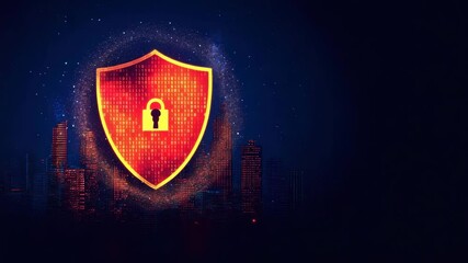 Red digital shield with lock icon representing cybersecurity protection over cityscape with glowing binary code and dark blue background, cybersecurity shield with lock icon glowing over digital - Powered by Adobe