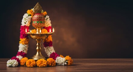 Elegant depiction of a brass lamp (Nilavilakku) surrounded by floral arrangements, blurred gradient background