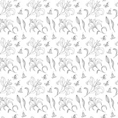 Seamless pattern with lilies on white background. Hand-drawn black and white illustration for wallpaper, wedding, background, cards. 