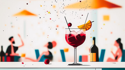 A colorful cocktail is the centerpiece of this eye-catching bar scene. Vibrant illustration of Aperol Spritz in a glass with ice, a slice of orange, and cherries, with people blurred in the background