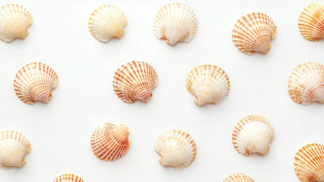 Seashells with orange and white stripes arranged in neat pattern on white background showcasing natural marine textures and striped shell design evoking calm beach ocean atmosphere