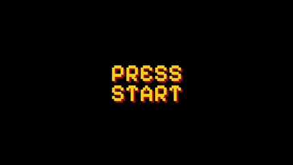 Pixel press start glitch effect animation HD on black background - Powered by Adobe