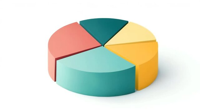 Colorful 3D pie chart with five segments red, teal, yellow, and cream colors plus pie chart with six colorful pastel segments showcasing data visualization, business graph, infographic, statistics