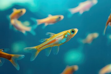 Fototapeta premium Small fish swimming gracefully in clear blue water during a sunny day, bunch of small fish in clear blue water from different angle