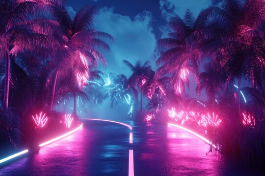 Retro Futurism tropical setting illuminated by vibrant neon light trails at dusk, Retro Futurism tropical scene with neon light trails and palm trees Seamless 3D render