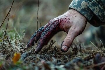 Arm of a fallen soldier reaches out from the battlefield in a moment of despair and loss, Arm Of Dead Soldier On The Battlefield