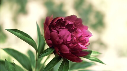 Luxurious crimson peony flower unfolds with vibrant green leaves against an ethereal bokeh background