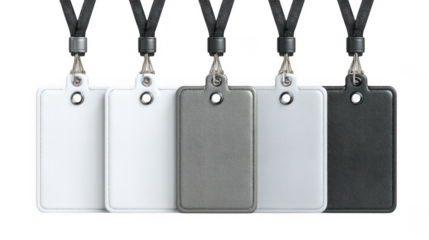 Various id badges hanging on black lanyards for mockup isolated on transparent background