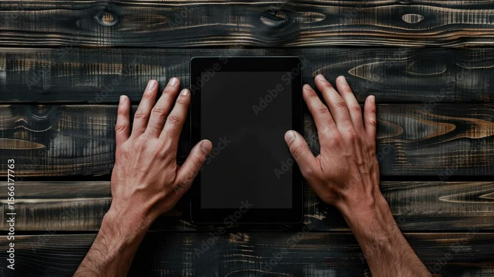 Aufkleber a person is using a tablet computer on a wooden table, suitable for office or educational use