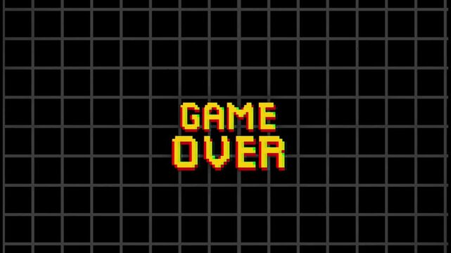 Game over pixel text animation glitch effect on black background. Retro vintage 8-bit game style 4K HD
