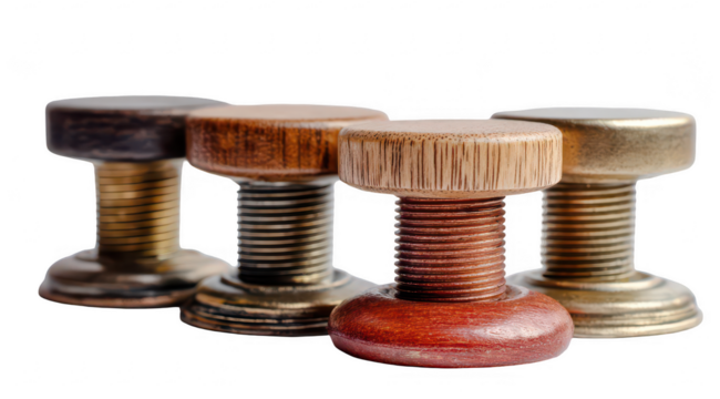 Close-up of four wooden-topped metal fasteners
