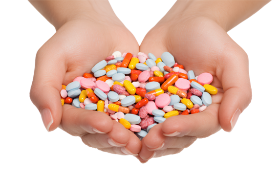  Two hands holding numerous pills, transparent background