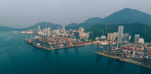Obraz premium Aerial view of ship sailing to Yantian international container terminal in Shenzhen city, China