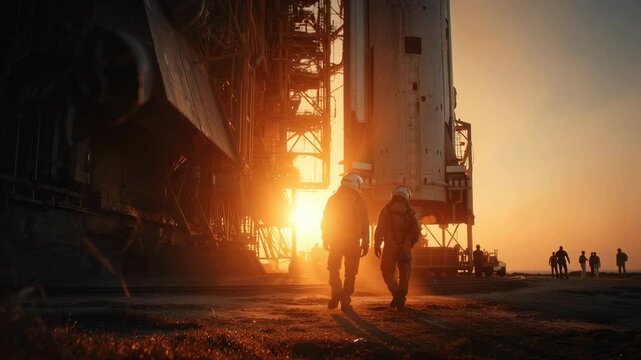 low angle view of a space rocket standing on the launch pad at sunset, engineers in safety gear inspecting the base, cinematic golden light
