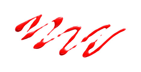 Bright red watercolor or ink stains with watercolor marks. Brush strokes and splashes of watercolor are set on a transparent background.