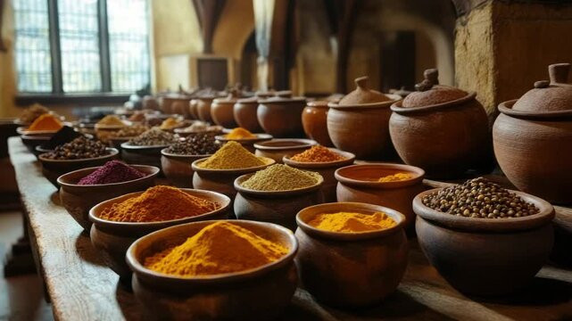 Colorful spice powder and seeds in rustic clay pots on wooden table inside historic kitchen with warm natural light creating cozy inviting atmosphere