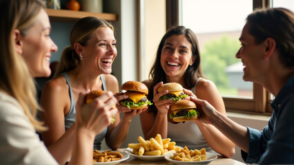 A group of friends enjoying cheeseburgers together, capturing a moment of shared enjoyment and social connection.