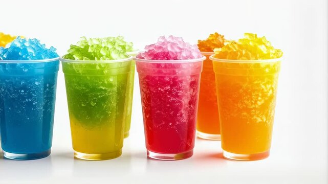 Array of colorful frozen shaved ice drinks in clear plastic cups against a bright background, assorted cold sweet treats
