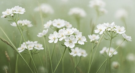 Delicate White Flowers in Soft Focus Against a Green Background, Nature's Beauty