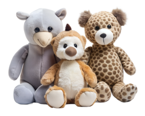 Three cute stuffed animal toys a bear a monkey and a giraffe isolated on white background