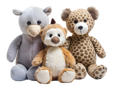 Three cute stuffed animal toys a bear a monkey and a giraffe isolated on white background