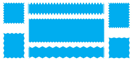 Zig zag edge rectangle shape collection. Jagged rectangle. Isolated elements for design of text box, badge, banner
Set of postage stamps in white with zigzag edges in horizontal and square format