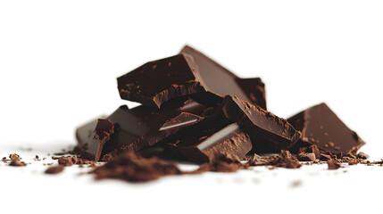 A pile of chocolate pieces on a white background