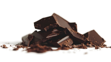 A pile of chocolate pieces on a white background