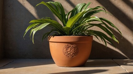Obraz premium Elegant indoor plant in terracotta pot with sunlit background highlights serenity