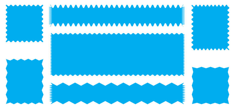 Zig zag edge rectangle shape collection. Jagged rectangle. Isolated elements for design of text box, badge, banner
Set of postage stamps in white with zigzag edges in horizontal and square format