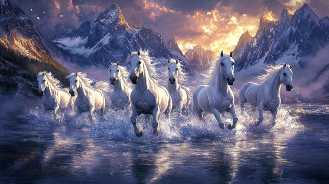 Majestic white horses galloping through a serene mountain river at sunset. (1)