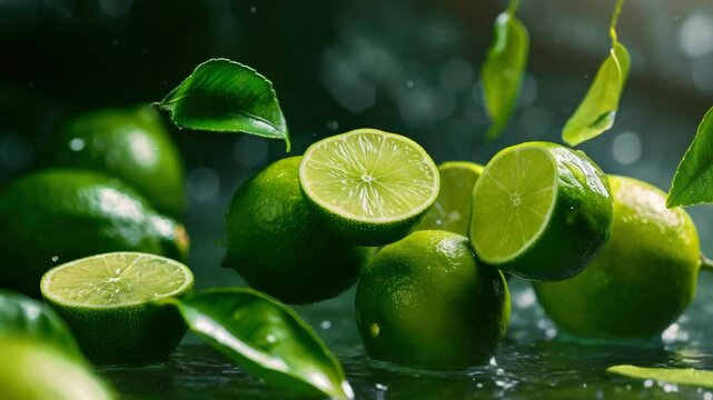 A cluster of limes fall into the water, creating a splash and ripples