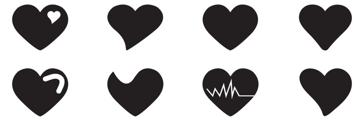  Heart silhouette set. Simple vector heart icon set. Black heart icons. Valentine's Day symbol. Black color heart illustration isolated on white background. 