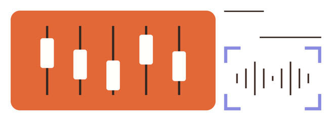 Audio control sliders aligned on a rectangular board with adjacent sound wave visualization. Ideal for sound editing, music production, volume management, audio engineering, podcasting, technology