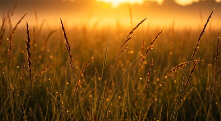 Fototapeta premium Golden Sunrise Illuminates Dew-Kissed Grass Blades in a Misty Meadow