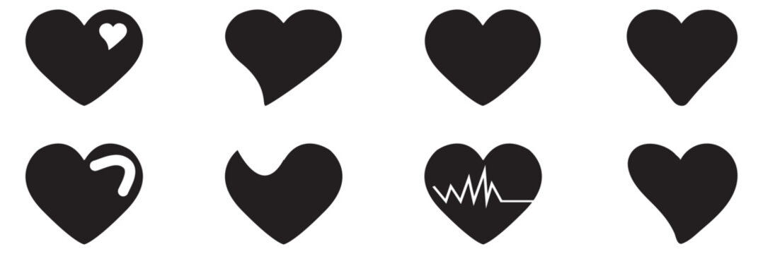  Heart silhouette set. Simple vector heart icon set. Black heart icons. Valentine's Day symbol. Black color heart illustration isolated on white background. 