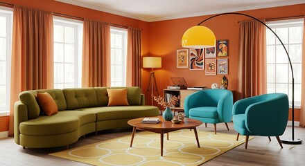 Cozy retro living room interior design with green sofa and teal chairs in modern home
