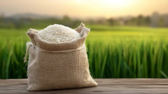Rice grain burlap sack on wooden table with green field at sunset, showcasing organic agriculture harvest, natural light, and peaceful rural food landscape in vibrant green field environment
